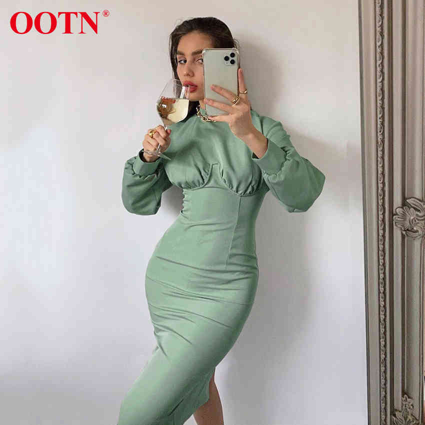 OOTN Turtleneck Winter Women Dress Elegant Autumn Midi Dress Long Sleeve Green High Waist Solid Casual Ladies Dresses Tunic 210409