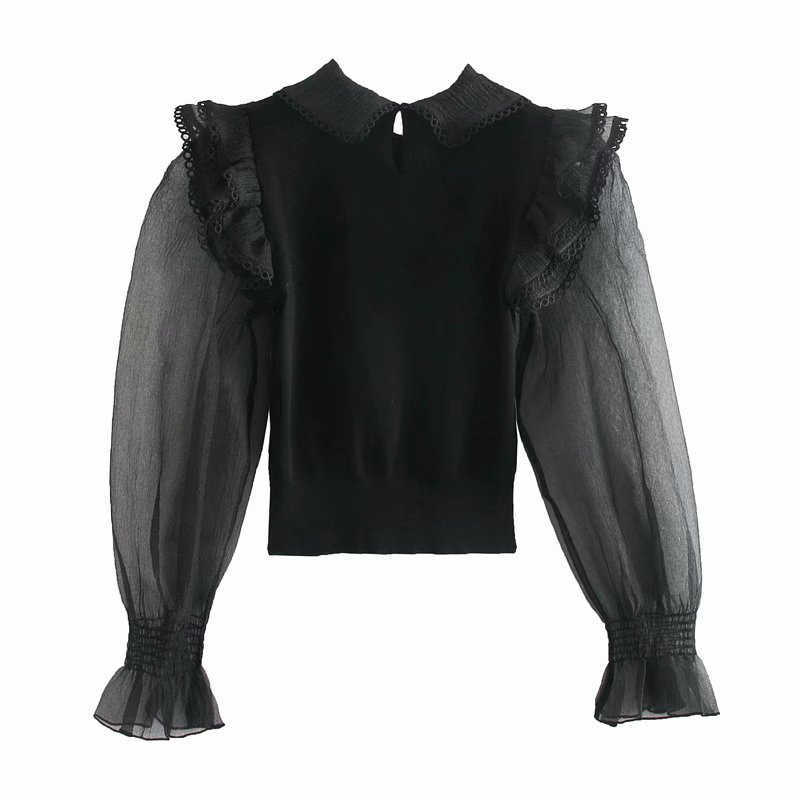 Za Organza Knit Blouse Women Transparent Long Puff Sleeve Ruffle Black Top Female Chic Back Opening Vintage Shirts 210602