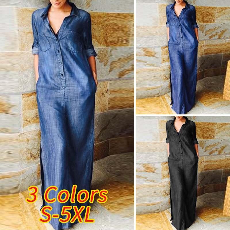 Women Demin Dress 2021 VONDA Vintage Sexy Lapel Collar Long Maxi Dresses Bohemian Summer Casual Vestido Plus Size Robe