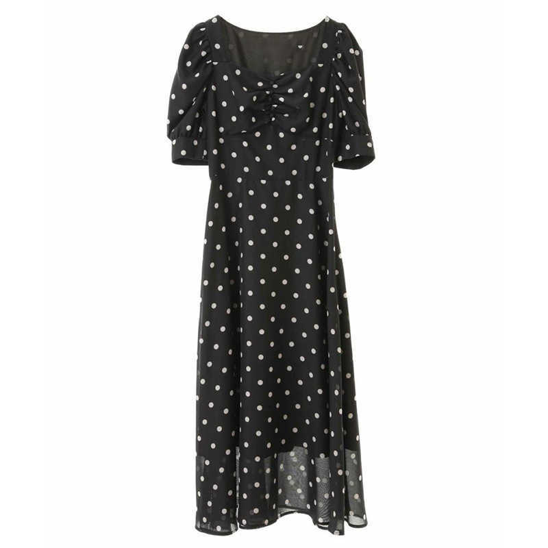 Japanese Style Kawaii Polka Dot Print Elegant Square Collar Puff Short Sleeve Female Robe Summer Slim Dresse 210525