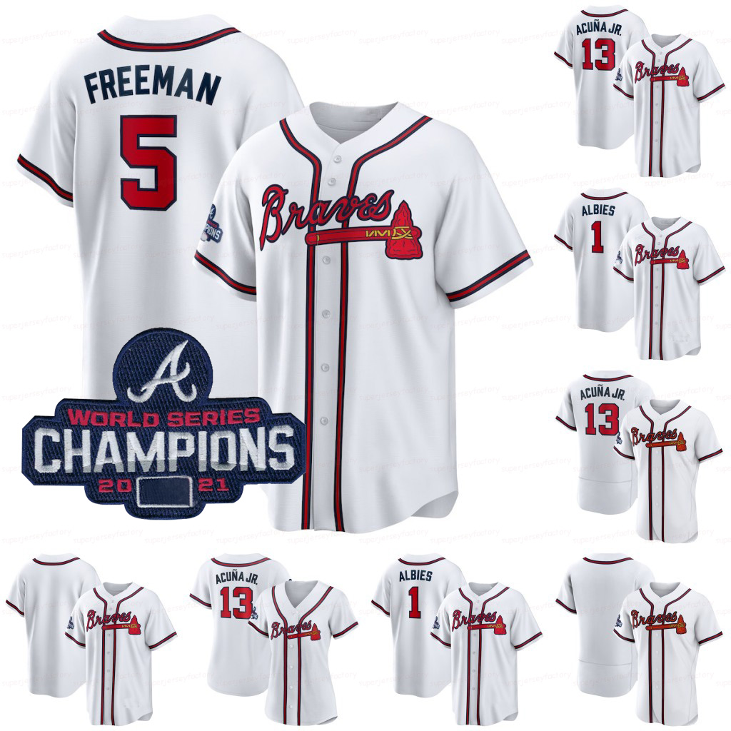 Braves 2021 World Series Champion Freddie Freeman Jerseys Ronald Acuna Jr. Ozzie Albies Dansby Swanson Austin Riley Eddie Rosario Joc Pederson Josh Donaldson, Gray flexbase + 2021 world series champi