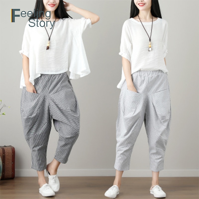 Striped Pants Casual Cotton Linen Harem Trousers Summer Women's Elastic Waist Knee Length Pantalon Femme Streetwear 210603, Khaki
Striped Pants Casual Cotton Linen Harem Trousers Summer Women's Elastic Waist Knee Length Pantalon Femme Streetwear 210603, Khaki