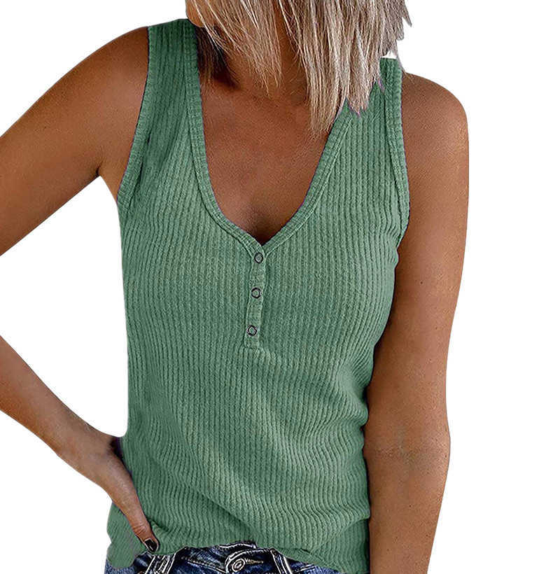 Sleeveless Rib Knit Tank Top Summer Button V-neck Woman Casual Loose White Cotton Streetwear Plus Size Clothing 210604