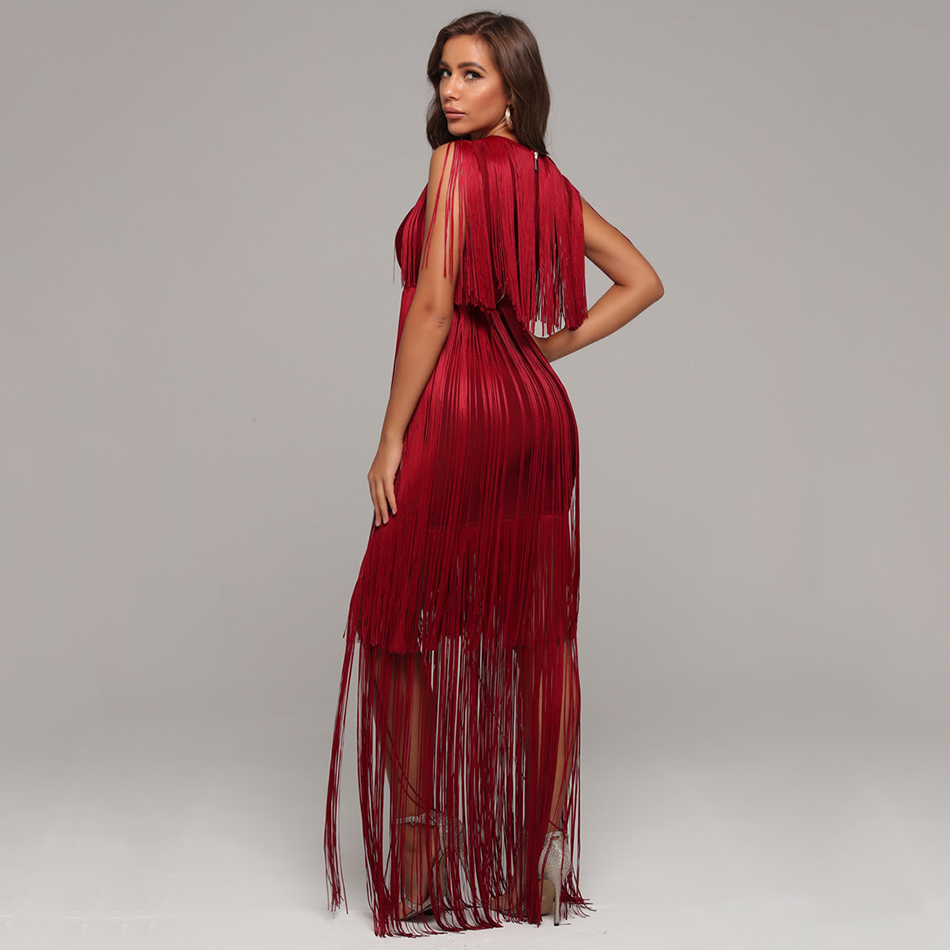 Free Women's Burgundy Fringed Bandage Dress Sexy Sleeveless Bodycon Long Celebrity Club Party Vestidos 210524