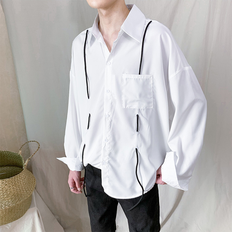 IEFB /men's wear korean oversize Shirt male Spring fashion drawstring loose long sleeve solid color tops 9Y1959 210524
