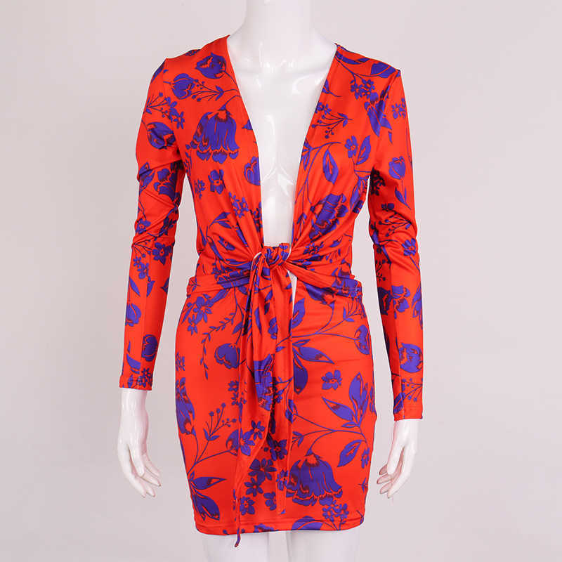 Asia Print Red Dress Tie up Long Sleeve Deep V Neck Mini Dresses for Women Casual Beach Party Wear Ladies Bodycon Vestidos 210623