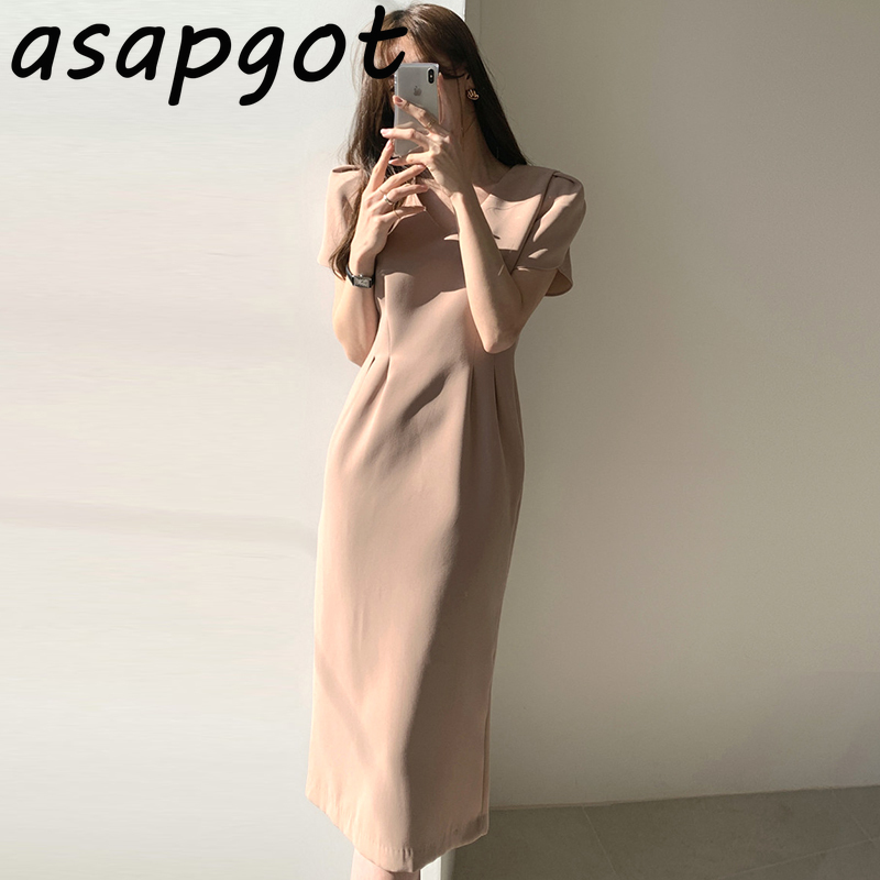 Dresses Elegant Temperament Koeran Chic Office Lady Summer Plus Size Puff Short Sleeve Khaki Dress Slim V Neck Waist Black 210429