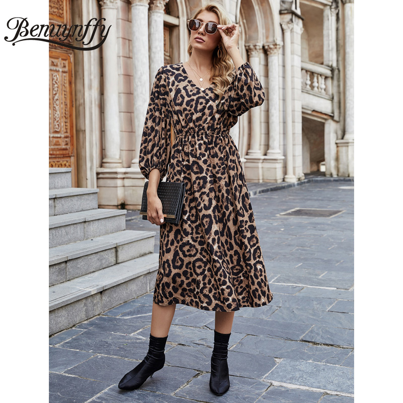 V-neck Leopard Print Elegant Long Dresses Women Spring High Waist 3/4 Bishop Sleeve Street A-Line Dress 210510