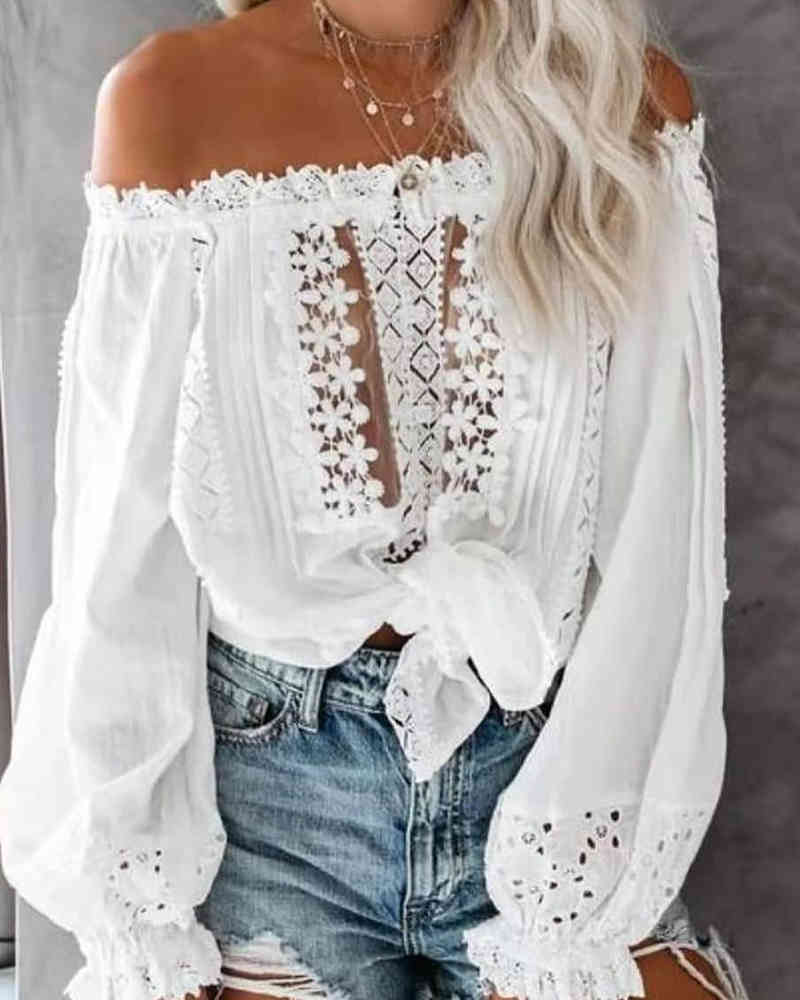 Spring Women Plain Elegant Off Shoulder Blouse Lady Casual Lace Cutout Contrast Top Long Sleeve Femme Office Lady Outfits 210415