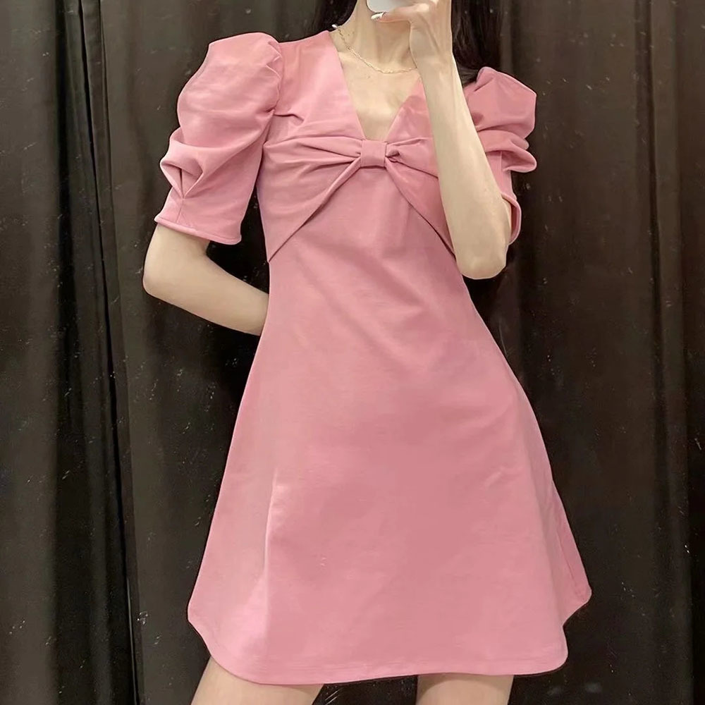 BBWM Summer Fashion Temperament Chic V-neck Bow Tie Simple Ladies Dress Fashion Casual Street Youth Dress Women 210520