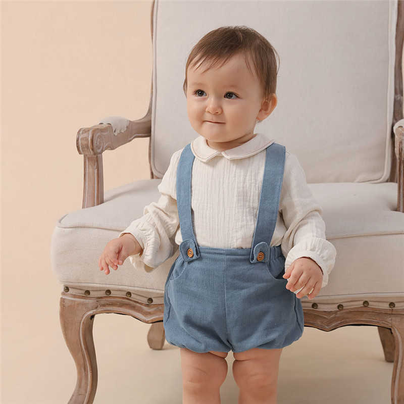 2Pcs Children Spanish Boutique Clothing Baby Boys Birthday Baptism Clothes Set Toddler Long Sleeve White Shirt + Blue Overalls 210615