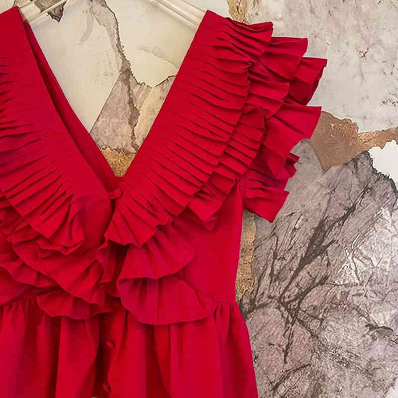 Vintage Patchwork Ruffle Shirt For Women V Neck Short Sleeve Elegant Blouse Female Fashion Clothing Style 210524