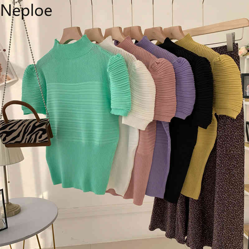 Neploe Women Pullovers Half Turtleneck Knitted Sweater Summer Puff Short Sleeve Solid Jumper Shirts Korean Hollow Out Slim Top 210422