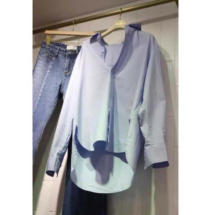 Spring Loose Blue Front Short-back Long Turn Down Collar Shirts Women Casual Top 210615Z