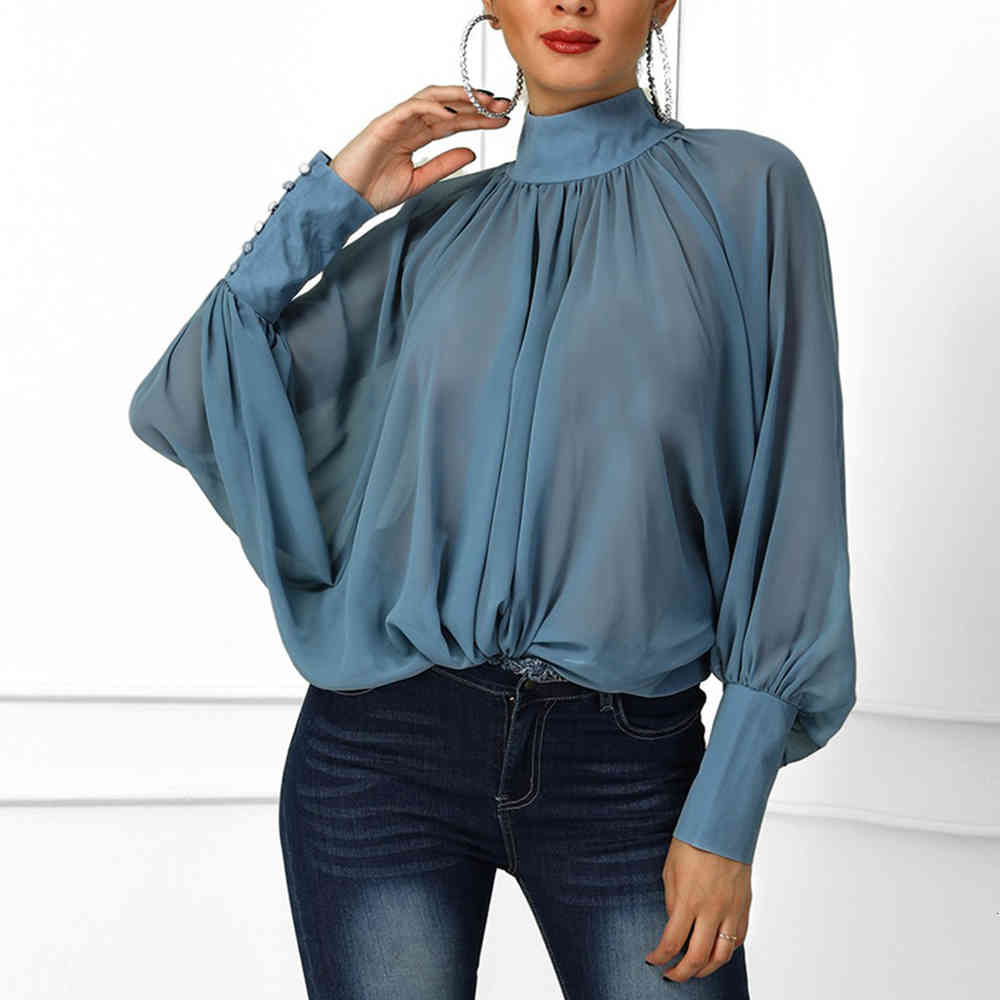 Women Elegant Stand Neck Batwing Long Sleeve Loose Blouse Autumn Female Office Chiffon Shirts Solid Button Tops 210428