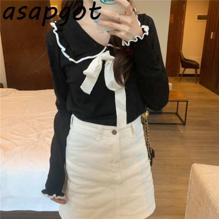 Autumn Gentle White Ruffles Contrast Color Bow Collar Sweaters&Jumpers Flare Sleeve Slim Chic Korean Fashion Black Knitted Top 210429