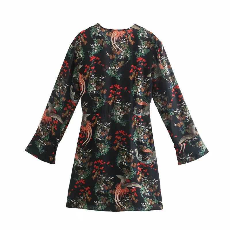 Women Chinese-style Printed Dress V-neck Long Sleeves Short Dress Vintage Elegant Chic Lady Fashion Woman Dresses 210709