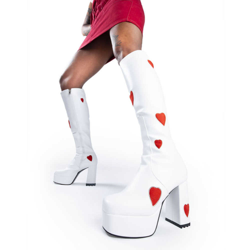 RIBETRINI Brand Design Candyfloss Love Heart Print Mid Calf Boots Zip Platform Block Heels Chunky Trendy Shoes Woman Big Size 43 Y0914