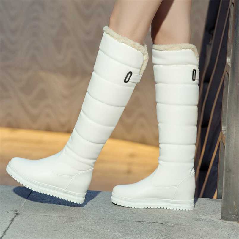Winter Plush Warm Women Boots Comfortable Flat Knee High Zipper Snow Black White Pink Big Size 41 42 43 220114, White buckle 
Winter Plush Warm Women Boots Comfortable Flat Knee High Zipper Snow Black White Pink Big Size 41 42 43 220114, White buckle