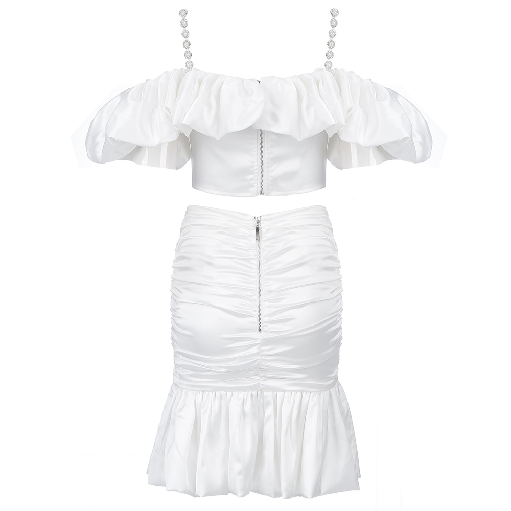Free Women's White Dress Set Sexy Off Beaded Strap Crop Top & Ruffled Mini Skirt Party Two-piece 210524