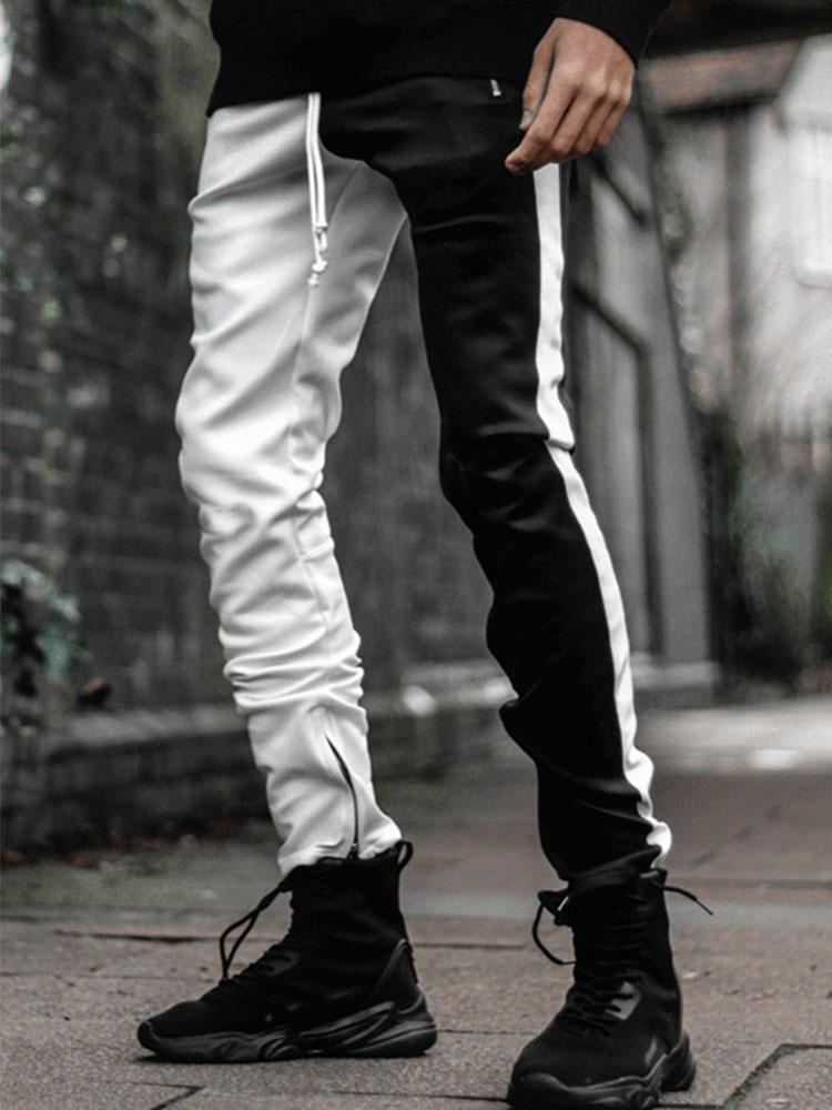 Fashion Drawstring Patchwork Two Color Mens Casual Pencil Pants Streetwear Men Slim Fit Jogger Zipper Elastic Waist Trousers Men's