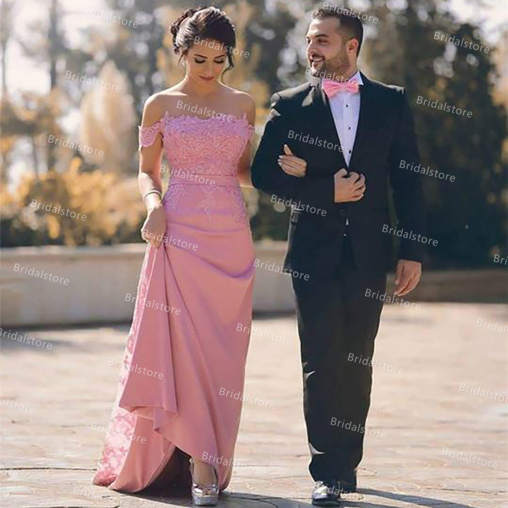Elegant Pink Mermaid Evening Dress With Lace Train Off Shoulders Satin Arabic Prom Dresses 2021 Femme Abendkleider Vestidos Fiesta Robe De Soirée Mari