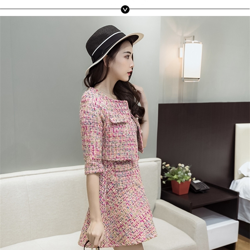 Autumn Runway Pink Tweed 2 Piece Dress Set Winter Women Half Sleeve Short Jacket Coat + Mini Tank Wool Suits 210520