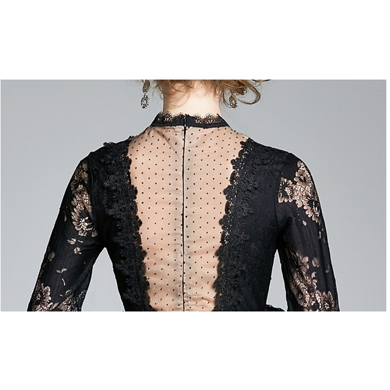 Sexy Hollow Out Patchwork Bottoming Lace Dress Women Elegant Vintage Black Dresses OL See Through Work Vestidos 210520