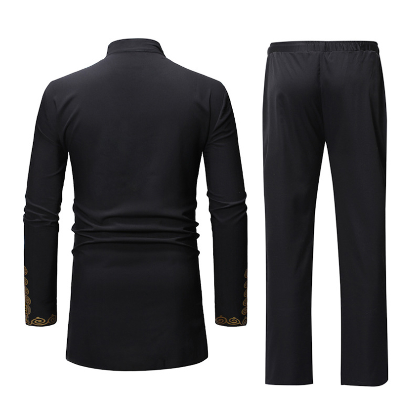 2pieces Clothing Set Black Dashiki 3D Print Shirt Tops Trousers for Man African Ethnic Dashiki T-shirt Cotton Bazin Riche 210408