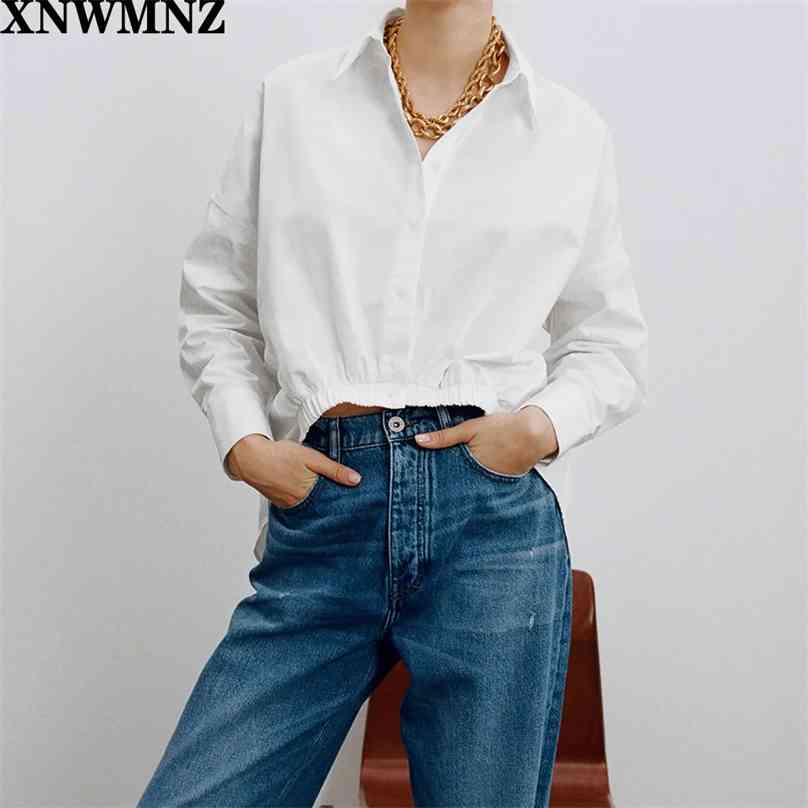 

women Fashion asymmetric poplin shirt Vintage lapel collar Long sleeve hem with elastic shirts Female chic top 210520, White