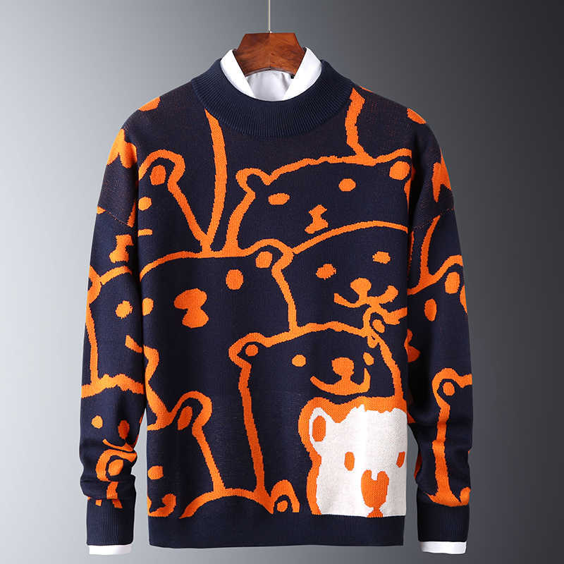 Mens Autumn Casual Sweaters Polar Bear Pattern Trendy Slim Sweaters Cotton Long Sleeve Round Collar Male Warm Pullovers Orange 211008