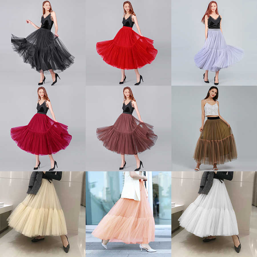 90 cm Runway Soft Tulle Skirt Hand-made Maxi Long Pleated Skirts Vintage Petticoat Voile Jupes Falda 210621