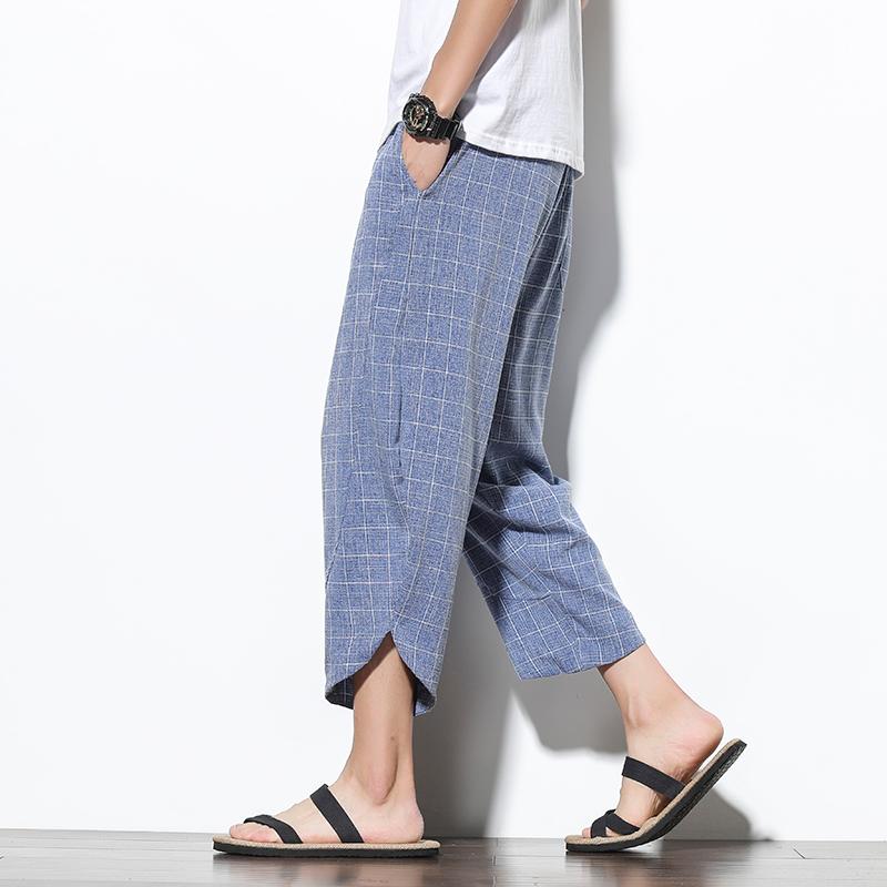 Ankle-Length Cotton Linen Plaid Pants Men Trousers Hip Hop Jogger Sweatpants Streetwear Harem Men's