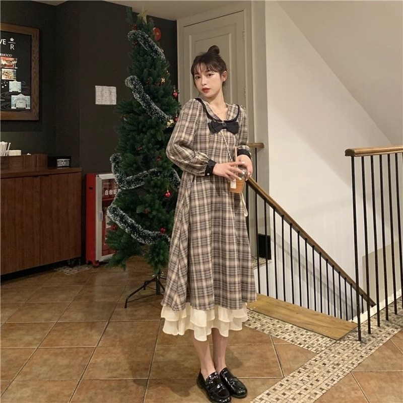 Vintage Plaid Dress Women Spring Long Sleeve Sailor Collar Elegant Sweet Midi Dress Female Party Dress Korean 210521