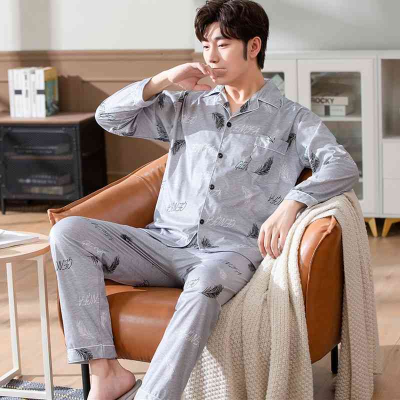 Style Men's Pajamas Set Spring Autumn Warm Cotton men Pajamas Sets Long Sleeve Sleepwear Top +Pant Leisure Wear Cloth 210812