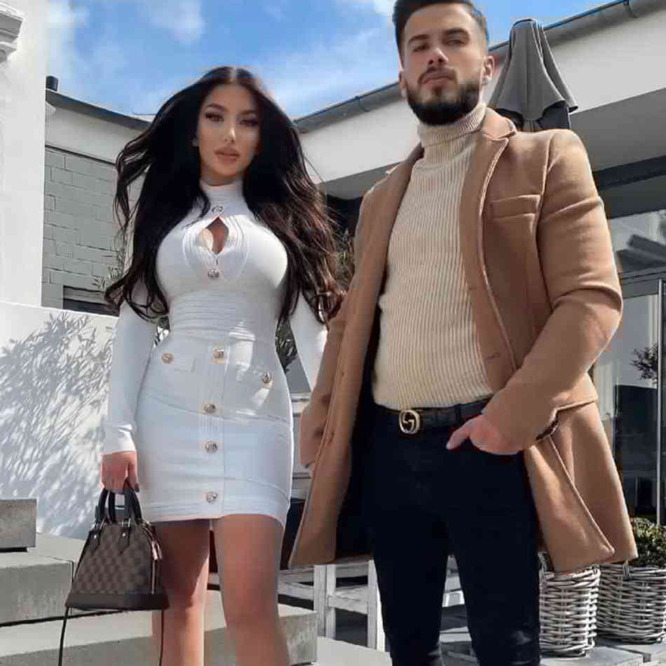 Free Women's Summer Bandage Dress White Long Sleeve Single Breasted Bodycon Sexy Hollow Club Party Vestidos 210524