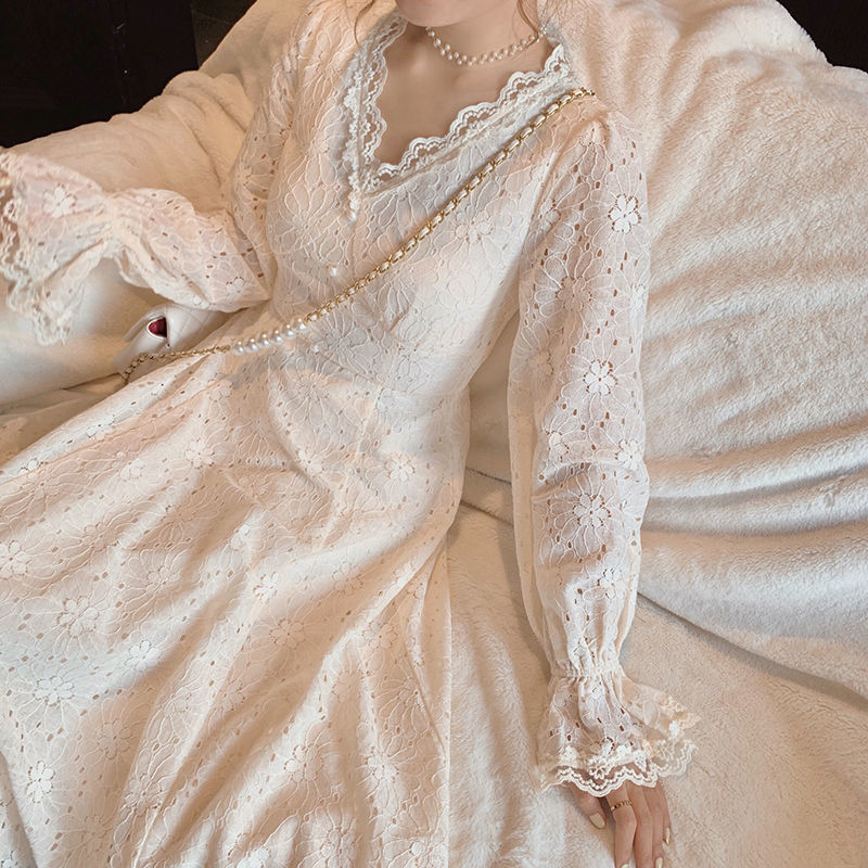 French Lace Party Dress Women Casual Long Sleeve Elegant Vintage Dress Female Spring Fairy Lace Dress Korean 210521