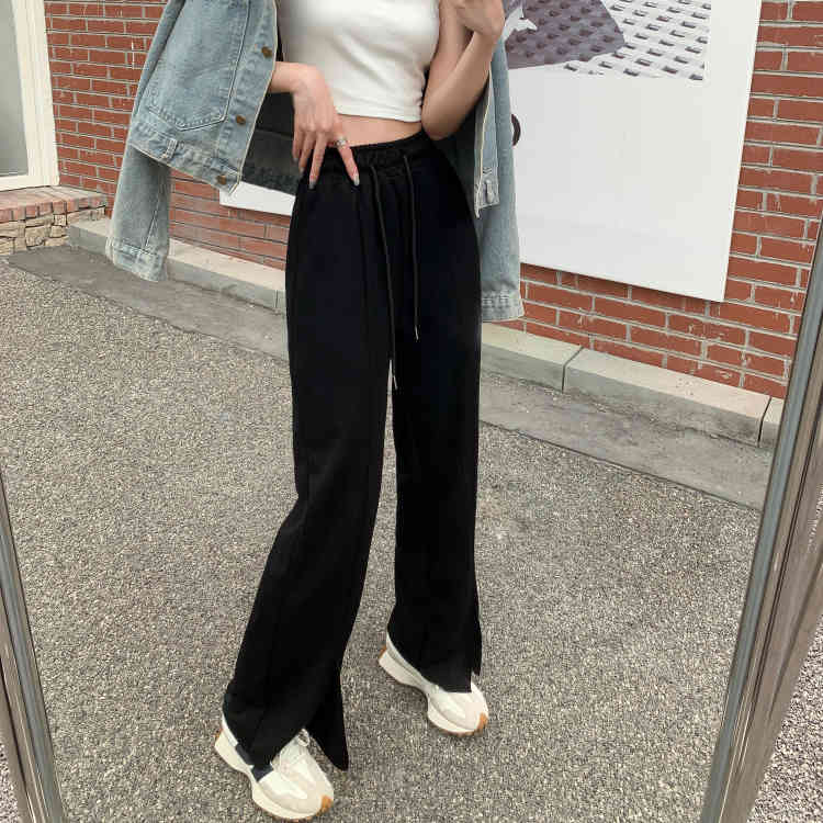 Pants & Capris Women's Clothing Black Elastic Waist Casual Drawstring Sweatpants Split Loose Straight White Grey Wide Leg Pant 210429