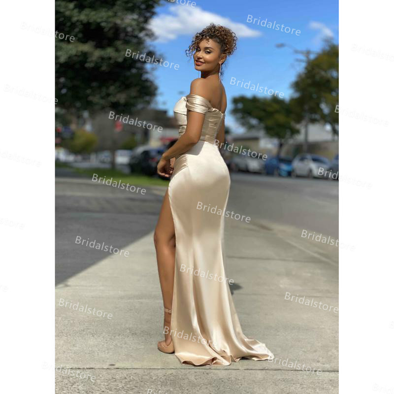 Plus Size Sky Blue Red Mermaid Prom Dresses With Slit Sexy Off The Shoulder Satin African Evening Gowns Pleated Floor Length Long Party Dress 2021 Gra