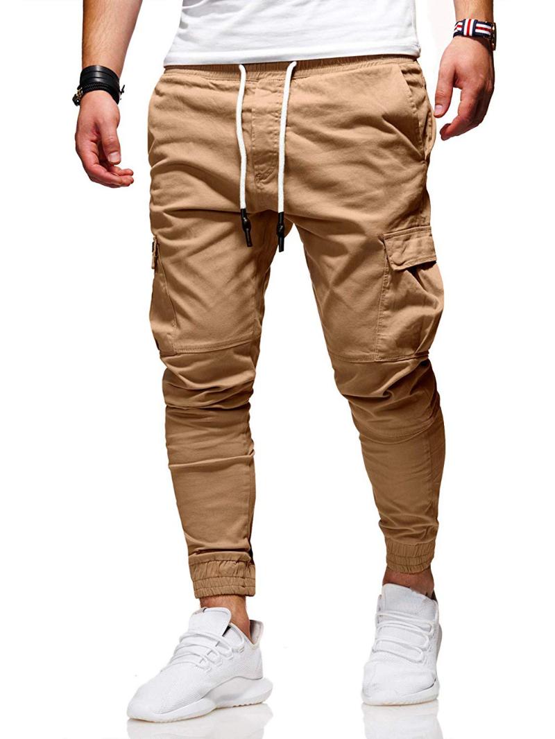 Men's Casual Mid-Waist Lace-up Pocket Jogging Pencil Pants Autumn Winter Fashion Solid Color Sports Cross-Pants