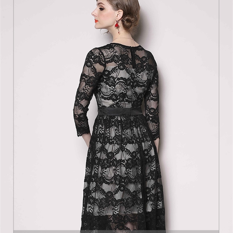 Arrival Women Sexy Lace Hollow Out Patchwork Dress Female Casual Black Pleated Dresses Vestidos 210520