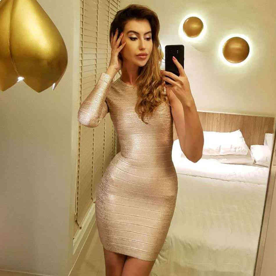 Winter One Shoulder Gold Mini Bdoycon Bandage Women Dress Sexy Long Sleeve O Neck Lady Celebrity Club Party 210423