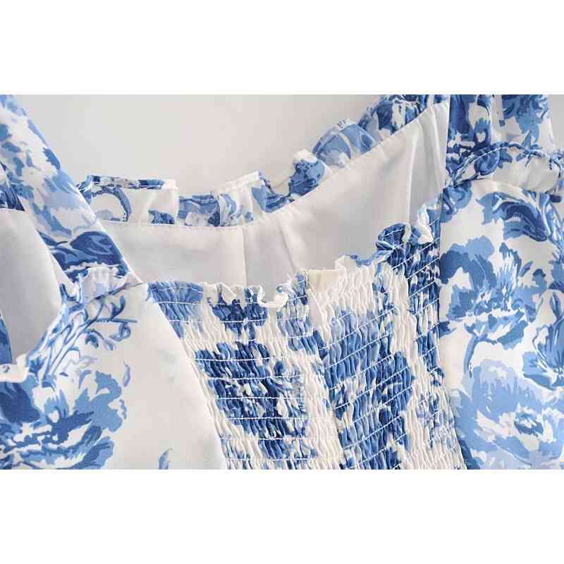 Vintage French Style Blue White Floral Women Dress Tie Bow Strap Sleeveless Sexy Beach Party Female 210429