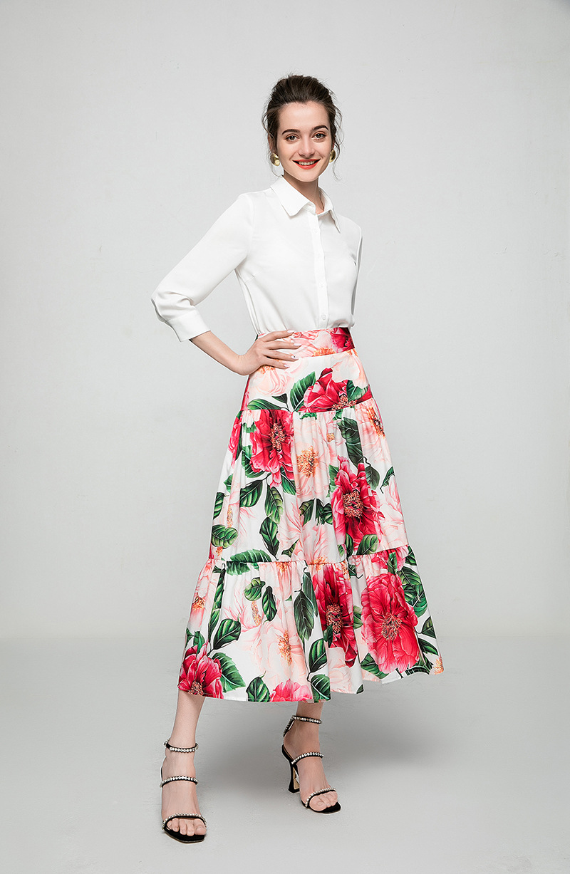 Women's Runway Two Piece Dress Turn Down Collar Long Sleeves White Shirt with Printed Skirt Twinsets