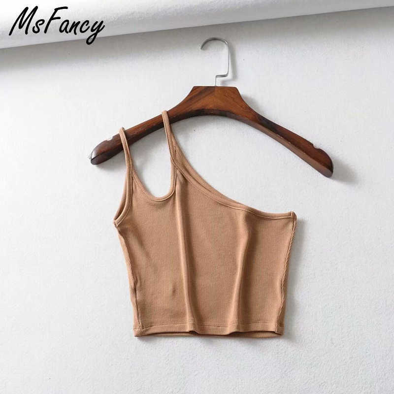 Msfancy Summer Crop Tops Women Slant Shoulder Irregular Haut Femme Sexy Ladies Black Tank Top 210625