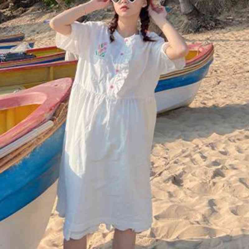 Sweet Floral Pocket Woman Dress Ruffle Patchwork Korean O-neck Short Sleeve Vestidos Summer Dresses 6H248 210603