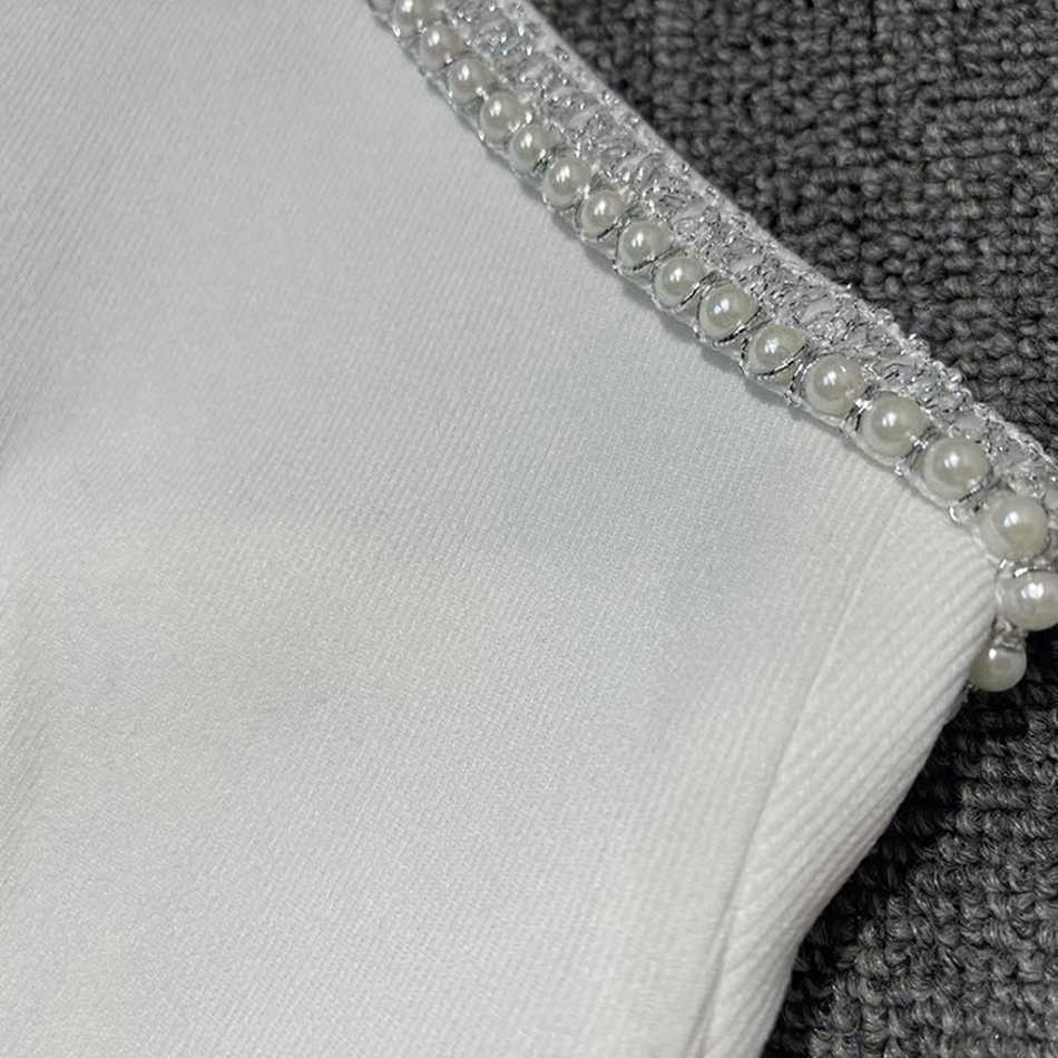 Summer Style White Ladies Bodycon Bandage Dress Elegant Vest Sexy Beaded Sleeveless Club Celebrity Party 210525