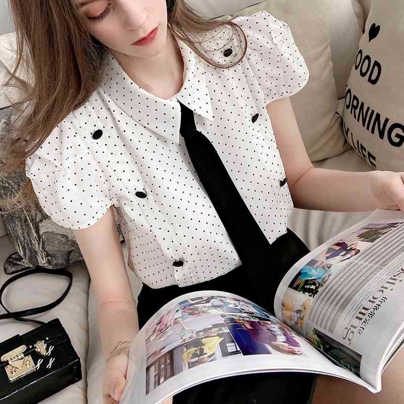 Dabuwawa Elegant Dot Printed Chiffon Blouse Women Tie Neck Turn-down Collar Button Short Sleeve Shirts Office Lady DT1BCF009 210520