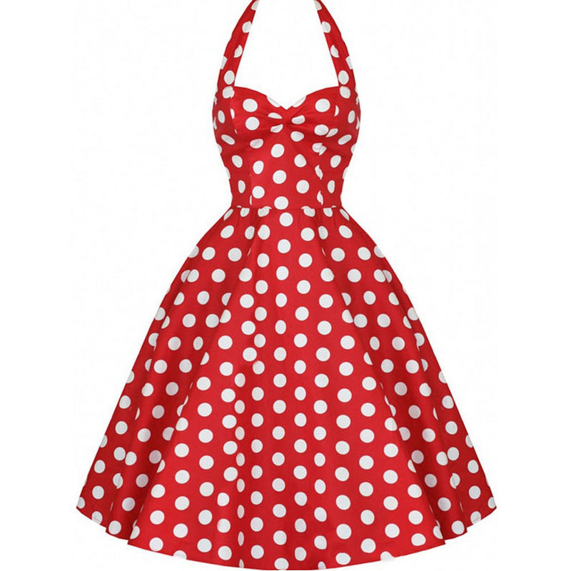 Women Polka Dot Dress Summer Hepburn 50s 60s Vintage A-Line Halter Rockabilly Retro Party es Vestidos 210510