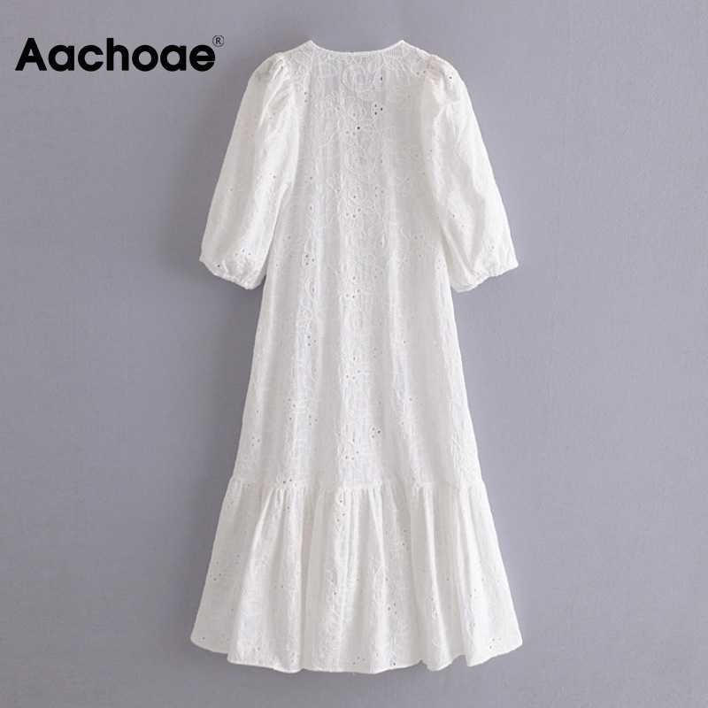 Aachoae Chic Floral Embroidery Midi Dress Women V Neck Puff Sleeve Sweet Dresses Ladies Elegant A Line White Cotton Dress 210630